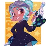  1girl absurdres black_dress blue_hair border commentary commission dress dual_wielding goggles goggles_on_head gun highres holding holding_gun holding_weapon inkumochi medium_hair octoling octoling_girl octoling_player_character outside_border smile solo splatoon_(series) splatoon_3 teeth tentacle_hair tetra_dualies_(splatoon) weapon white_border yellow_background yellow_eyes 