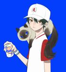  1boy animal animal_on_shoulder blue_background blue_eyes can cat commentary cowboy_shot echizen_ryooma green_hair hair_between_eyes hat highres holding holding_can looking_at_viewer male_focus ngop short_hair short_sleeves simple_background solo tennis_no_ouji-sama white_hat wristband 