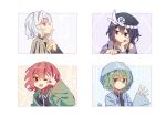  1girl 3others androgynous ascot black_hair black_hat black_shirt brown_capelet capelet chinese_commentary closed_mouth collared_shirt commentary_request frilled_hat frills green_eyes green_hair green_jacket hair_between_eyes hand_up hat hood hood_up hooded_jacket jacket jian_xing_zao len&#039;en long_sleeves medium_hair mob_cap multiple_others one_eye_closed open_clothes open_jacket open_mouth purple_jacket red_eyes redhead shirt shitodo_aoji shitodo_hooaka shitodo_hoojiro shitodo_kuroji short_hair siblings sleeveless sleeveless_shirt solo violet_eyes wavy_hair white_eyes white_hair white_trim yellow_ascot 