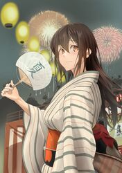  1girl absurdres aerial_fireworks akagi_(kancolle) brown_hair echo-kilo fireworks hand_fan hand_fan_writing highres holding holding_fan japanese_clothes kantai_collection kimono long_hair looking_at_viewer market_stall obi orange_eyes outdoors paper_fan sash solo summer_festival uchiwa very_long_hair yukata 