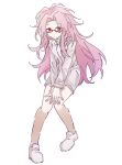  1girl absurdres antenna_hair chinese_commentary commentary_request dress full_body genderswap genderswap_(mtf) glasses hands_on_own_knees hatsutori_hajime highres jiekuijiangshadaonijiamenkou long_hair long_sleeves medium_dress no_socks pink_hair rectangular_eyewear red-framed_eyewear red_eyes saibou_shinkyoku short_dress simple_background solo white_background white_dress white_footwear 