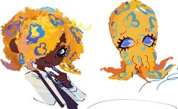  1girl black_necktie blue_eyes collared_shirt cropped_torso dark-skinned_female dark_skin index_finger_raised leixo_demo long_sleeves looking_at_viewer multiple_forms necktie orange_hair patterned_hair shirt smile splatoon_(series) splatoon_3 suspenders tao_blu_(splatoon) tentacle_hair violet_eyes white_background white_shirt 