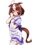  1girl absurdres ahoge animal_ears blue_ribbon brown_hair commentary_request ear_ribbon hairband highres horse_ears horse_girl horse_tail looking_at_viewer meisho_doto_(umamusume) multicolored_hair pink_hairband puffy_short_sleeves puffy_sleeves ribbon school_uniform short_hair short_sleeves simple_background skirt solo tail thigh-highs thighs tracen_school_uniform two-tone_hair umamusume violet_eyes white_background white_hair white_skirt white_thighhighs yuki_usagi_(agtd5758) zettai_ryouiki 