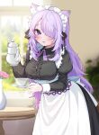  absurdres ahoge alternate_costume animal_ears apron black_dress blurry blurry_background blush breasts cat_ears cat_girl cup dress flower hair_over_one_eye hakumai_(5fc) highres holding holding_cup holding_teapot hololive indoors large_breasts long_hair maid maid_day maid_headdress nekomata_okayu purple_hair smile star_(symbol) star_in_eye symbol_in_eye table teapot vase violet_eyes virtual_youtuber white_apron 
