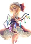  1girl ascot blonde_hair crystal_wings dress flandre_scarlet frilled_dress frills hat hat_ribbon highres mob_cap puffy_short_sleeves puffy_sleeves red_eyes red_ribbon ribbon shimekake short_sleeves simple_background smile solo touhou white_background white_mob_cap yellow_ascot 