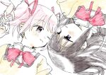  2girls akemi_homura black_hair black_hairband bow bowtie collar collared_shirt hair_ribbon hair_spread_out hairband hand_on_hand high_collar kaname_madoka light_blush long_hair looking_at_another lying mahou_shoujo_madoka_magica mahou_shoujo_madoka_magica_(anime) mitakihara_school_uniform multiple_girls no+bi= on_back one_eye_closed open_mouth pink_eyes pink_hair puffy_sleeves red_bow red_bowtie red_ribbon ribbon school_uniform shirt short_hair short_twintails simple_background sketch smile twintails upper_body violet_eyes white_background white_collar yellow_shirt yellow_sleeves 