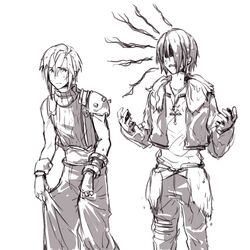  2boys anger_vein angry armor belt chinese_commentary clothes_grab cloud_strife commentary cropped_jacket dissidia_final_fantasy fermium.ice final_fantasy final_fantasy_vii final_fantasy_viii fingerless_gloves frown gloves highres jacket jewelry long_sleeves male_focus monochrome multiple_belts multiple_boys necklace open_clothes open_jacket open_mouth pauldrons pendant puffy_pants shaded_face shoulder_armor simple_background single_pauldron sketch sleeveless sleeveless_sweater sleeveless_turtleneck squall_leonhart suspenders sweater thigh_strap turtleneck turtleneck_sweater upper_body v-neck water_drop wet wet_clothes wet_face wet_hair 