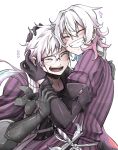  2boys affectionate bettel_2_(gavis_bettel) black_flower black_gloves blue_hair blush brothers clenched_teeth closed_eyes coat english_commentary flower gavis_bettel gavis_bettel_(1st_costume) glasses gloves grey_hair grin hair_between_eyes happy highres holostars holostars_english hug jewelry low_ponytail male_focus medium_hair multicolored_hair multiple_boys open_mouth pink_hair rainycoffeebean shiny_clothes siblings smile striped_coat teeth twins twitter_username upper_body upper_teeth_only virtual_youtuber white_background 