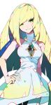  1girl bare_arms bare_shoulders blonde_hair blunt_bangs chest_jewel closed_mouth cowboy_shot diamond_(shape) dress gem green_eyes green_gemstone hand_on_own_hip highres kawasaki_(kwsk_8765) long_hair looking_at_viewer lusamine_(pokemon) pokemon pokemon_sm refraction sleeveless sleeveless_dress solo standing twitter_username very_long_hair white_background white_dress 