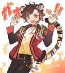  1boy :d animal_ears bad_id bad_pixiv_id black_hair black_pants claw_pose coat cowboy_shot ensemble_stars! fangs hands_up highres idol_clothes jacket long_sleeves looking_at_viewer male_focus meremero multicolored_hair nagumo_tetora open_clothes open_jacket open_mouth orange_eyes pants red_coat red_jacket redhead shirt short_hair smile solo standing streaked_hair tail tiger_boy tiger_ears tiger_tail translation_request yellow_shirt 
