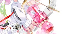  1girl arrow_(symbol) boots cat commentary english_commentary feet_out_of_frame gun head_out_of_frame holding holding_gun holding_weapon inkling_girl inkling_player_character itiya1412 jewelry knee_boots long_sleeves mixed-language_commentary pants pink_hair ring short_hair sleeves_past_wrists solo splatoon_(series) splatoon_3 star_sticker sticker sweater tentacle_hair weapon weapon_focus weapon_request white_background white_footwear white_pants white_sweater 