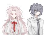  2boys capelet chinese_commentary closed_mouth collared_shirt commentary_request expressionless grey_eyes grey_hair grey_necktie hair_between_eyes hatsutori_hajime highres jiekuijiangshadaonijiamenkou long_hair long_sleeves male_focus multiple_boys necktie no_nose parted_bangs pink_hair red_eyes red_ribbon ribbon saibou_shinkyoku shirt short_hair simple_background upper_body utsugi_noriyuki white_background white_capelet white_shirt 