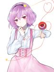  1girl alternate_costume black_hairband clothing_request commentary_request eyeball hair_ornament hairband heart heart_hair_ornament heart_of_string highres komeiji_satori long_sleeves looking_at_viewer medium_hair purple_hair solo third_eye touhou yurara_(aroma42enola) 