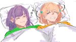  2girls closed_eyes closed_mouth commentary crossed_bangs drooling english_commentary hair_down hair_ornament highres hinoshita_kaho kepitingtiga link!_like!_love_live! long_hair love_live! medium_hair mouth_drool multiple_girls on_pillow open_mouth orange_hair otomune_kozue purple_hair rabbit_hair_ornament sidelocks sleeping two_side_up under_covers upper_body virtual_youtuber 