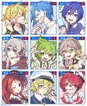  1girl 6+boys animal_hat aqua_background aqua_eyes arm_up bandage_over_one_eye bandaid bandaid_on_face bandaid_on_nose bell bird bird_on_hand black_eyes black_headphones black_hood black_hoodie black_sailor_collar black_sleeves black_veil blonde_hair blue_background blue_eyes blue_hair blue_hoodie blue_necktie blue_sailor_collar blue_scarf blue_shirt braid bright_pupils brown_hair character_name character_request child choker clenched_hand closed_mouth collarbone collared_shirt creature_and_personification crossed_bandaids earmuffs food french_braid from_side fukase green_background green_hair grey_background grey_hair grey_shirt grin hair_behind_ear hair_bell hair_between_eyes hair_ornament hand_up haru1suama hat headset holding holding_food holding_popsicle hood hood_down hoodie index_finger_raised iori_yuzuru james_(vocaloid) kagamine_len kaito_(vocaloid) light_brown_hair long_hair long_sleeves looking_at_viewer matsudappoiyo messy_hair mini_hat mini_top_hat mismatched_pupils mixed-language_text multicolored_hair multiple_boys musical_note nail_polish namine_ritsu neck_ribbon necktie oliver_(vocaloid) one_eye_closed open_mouth otoko_no_ko pink_ribbon point_(vocaloid) pointing pointing_at_self ponytail popsicle purple_background purple_choker purple_hat red_background red_eyes red_nails redhead ribbon sailor_collar sailor_hat scarf shirt short_hair short_ponytail short_sleeves single_braid smile spiky_hair suspenders teeth tongue tongue_out top_hat turtleneck two-tone_hair two-tone_hoodie uneven_eyes upper_body upper_teeth_only utau v-shaped_eyebrows veil vocaloid voiceroid voicevox white_hair white_headphones white_pupils white_shirt window_(computing) yellow_background yellow_eyes yellow_trim zundamon 