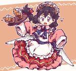  1girl apron black_hair blush_stickers cup fairy_wings flying_sweatdrops freckles full_body glasses ice ice_cube kirby_(series) kirby_64 maid_apron maid_headdress nanami_(13mimi) ripple_star_queen round_eyewear sleeves_past_fingers sleeves_past_wrists solo wings 