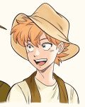  1boy br&#039;er_fox_(disney) brown_hat brown_vest cropped_shoulders grey_eyes hat humanization looking_to_the_side male_focus open_mouth orange_hair shirt short_hair simple_background solo song_of_the_south teeth uochandayo upper_teeth_only vest white_background white_shirt 