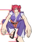  artist_name beads belt blank_eyes blank_stare feet fingernails hair_beads hair_ornament highres medium_hair nail_polish onozuka_komachi outstretched_arms patterned_clothing phantasmagoria_of_flower_view ponytail red_eyes redhead sandals sitting spread_legs squinting touhou vest watermark 