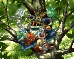  closed_eyes crown dappled_sunlight doomer_(kirby) gloves hyaku_(momongamomomo) in_tree kirby kirby&#039;s_return_to_dream_land kirby_(series) magolor master_crown rayman_limbs red_eyes sitting sitting_in_tree solid_oval_eyes sphere_doomer sunlight tree white_gloves wings 