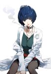 1girl belt blue_hair choker coat collar dedasanart doctor highres jewelry lab_coat looking_at_viewer necklace persona persona_5 red_belt red_nails short_hair smile smoking solo spiked_choker spikes studded_choker studded_collar takemi_tae white_coat 