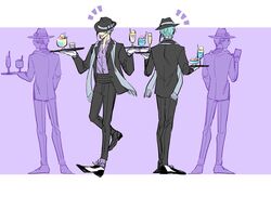  4boys black_suit blue_hair brothers cup drink drinking_glass floyd_leech hat holding holding_tray jade_leech male_focus multiple_boys purple_background shinozaki_kyouko short_hair siblings simple_background suit tray twins twisted_wonderland wine_glass 