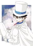  1boy blue_eyes blue_shirt border brown_hair cape clouds collared_shirt crossed_legs from_behind hands_in_pockets hat highres jacket kaitou_kid looking_at_viewer looking_back magic_kaito male_focus meitantei_conan monocle necktie pants red_necktie shirt short_hair solo suit suzuakks white_border white_cape white_hat white_jacket white_pants white_suit 