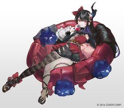  1girl asymmetrical_horns asymmetrical_legwear black_bridal_gauntlets black_footwear black_hair blue_hair bow breasts bridal_gauntlets checkered_thighhighs colored_inner_hair cup cushion demon_horns drinking_glass fishnet_thighhighs fishnets hair_bow hair_ornament high_heels highres holding holding_cup hololive hololive_english horns jailbird_(nerissa_ravencroft) long_hair mismatched_legwear mole mole_under_eye multicolored_hair multiple_views nerissa_ravencroft official_alternate_costume official_art platform_footwear red_bow red_eyes simple_background sitting smile thigh-highs two-tone_hair uneven_horns virtual_youtuber white_background wine_glass yunny_(cureyunny) 