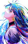  1girl blue_hair colorful earrings eye_(utaite) floating_hair from_side green_eyes highres indie_utaite jewelry multicolored_hair original parted_lips shachi_mr short_hair simple_background solo sparkle upper_body white_background 