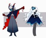  1boy 1girl black_capelet black_horns black_skin blue_cloak blue_flower capelet character_request chinese_commentary claws cloak colored_skin commentary_request demon_horns faceless faceless_female faceless_male flower flower_in_eye full_body gradient_cloak gradient_clothes gradient_skin grey_background grey_hakama hair_flower hair_ornament hakama hakama_pants highres horns japanese_clothes long_hair magic open_mouth outstretched_arm pants red_capelet red_skin shirt short_hair simple_background sky:_children_of_the_light sparkle symbol_in_eye two-sided_capelet two-tone_background very_long_hair wavy_hair white_background white_hair white_shirt yansui648 
