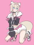  1girl ahoge animal_ear_fluff animal_ears bandaid bandaid_hair_ornament belt black_collar black_jacket blonde_hair blue_eyes blush claws collar commentary cropped_jacket crossed_bangs dog_ears dog_girl dog_tail fishnet_socks fishnets frilled_shorts frills full_body fur-trimmed_jacket fur_trim hair_between_eyes hair_ornament hairband headphones headphones_around_neck highres hololive hololive_english ishida_aya jacket kneeling long_sleeves looking_at_viewer mixed-language_commentary mococo_abyssgard mococo_abyssgard_(1st_costume) multicolored_hair navel pink_background pink_belt pink_hair pink_hairband shirt short_hair shorts simple_background socks solo stomach streaked_hair tail virtual_youtuber white_shirt white_sneakers x_hair_ornament 