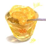  absurdres artist_name cup drinking_glass food food_focus highres mango no_humans original simple_background spoon takisou_sou white_background 