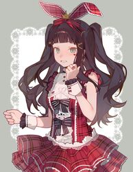  1girl animal_ears aqua_eyes black_hair blunt_bangs cowboy_shot dress facial_mark fake_animal_ears frilled_sleeves frills grin hand_up heart heart_facial_mark highres jewelry kurosawa_dia light_smile long_hair love_live! mark_under_eye mole mole_under_mouth plaid_clothes plaid_dress rabbit_ears ring sleeveless sleeveless_dress smile solo three_quarter_view twintails two_side_up wrist_cuffs yuumii_0120 