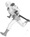  2boys armor boots bracer carrying chilchuck_tims commentary_request dungeon_meshi greyscale highres laios_touden long_sleeves looking_back looking_to_the_side male_focus monochrome multiple_boys pants pauldrons piggyback running sheath sheathed shoulder_armor sword weapon zarame_pfpf 