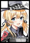  1girl anchor_hair_ornament black_jacket blonde_hair blue_eyes comiket_103 grey_hat hair_ornament hat jacket kantai_collection looking_at_viewer military_hat military_uniform open_mouth peaked_cap prinz_eugen_(kancolle) shamu_(helix) simple_background solo tongue twintails uniform white_background 