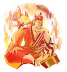  1boy 1ga84 animal black_eyes black_hair clenched_teeth facial_hair fire fox full_body goatee highres japanese_clothes kinemon long_sideburns male_focus one_piece short_hair sideburns sitting smile teeth third-party_source topknot 