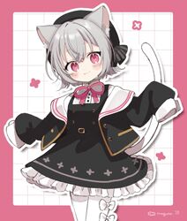  1girl :3 animal_ear_fluff animal_ears beret binchou_maguro black_dress black_jacket black_ribbon blush border bow buttons cat_ears cat_girl cat_tail commentary cowboy_shot dress frilled_skirt frills grey_hair hat hat_ribbon high_collar highres jacket long_sleeves looking_at_viewer neck_ribbon pantyhose pink_border pink_eyes pink_ribbon ribbon sailor_collar sayo_(voicevox) shirt short_hair skirt sleeveless sleeveless_dress sleeves_past_wrists standing tail thigh_bow voicevox white_background white_bow white_pantyhose white_shirt 