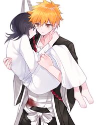  1boy 1girl arm_around_neck bandaged_torso bandages black_hair black_kimono bleach blood blood_on_bandages brown_eyes carrying closed_mouth commentary cowboy_shot eyes_visible_through_hair full_body g_ieep hair_between_eyes hug japanese_clothes kimono kuchiki_rukia kurosaki_ichigo long_sleeves looking_at_another medium_hair open_clothes open_kimono orange_hair princess_carry profile serious short_hair simple_background spiky_hair violet_eyes white_background white_kimono wide_sleeves 