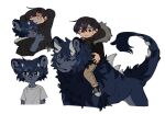  2boys anger_vein animal_ears artist_name black_hair black_jacket black_sweater blue_eyes blue_fur blue_hair body_fur child clenched_teeth closed_eyes deviidog0 english_commentary fangs full_body furrification furry furry_male grey_shirt highres hood hood_down hooded_jacket horns hug jacket long_sleeves lying male_focus monster multiple_boys multiple_views on_back open_mouth original riding riding_animal shirt short-sleeved_jacket short_hair short_sleeves simple_background sweater t-shirt teeth turtleneck turtleneck_sweater twitter_username very_short_hair white_background 