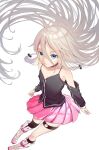  1girl ahoge asymmetrical_legwear bare_shoulders blue_eyes braid expressionless from_above gradient_eyes grey_hair hair_between_eyes hair_spread_out highres ia_(vocaloid) long_hair multicolored_eyes pink_skirt pleated_skirt skirt standing thigh_strap thighs totakuni999 vocaloid 