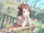  1girl against_railing bang_dream! brown_hair building clothing_cutout cone_hair_bun dress elbow_rest flower flower_bed frills hair_bun hands_on_own_cheeks hands_on_own_face long_hair looking_to_the_side official_art outdoors railing ribbon see-through see-through_sleeves shoulder_cutout sky smile solo stairs third-party_source toyama_kasumi violet_eyes 