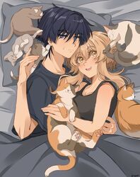  1boy 1girl absurdres alternate_costume animal bed_sheet black_hair black_shirt black_sleeves black_tank_top blanket blonde_hair blue_eyes blush cat collarbone contemporary couple dintoge genshin_impact hair_between_eyes hair_intakes hair_over_eyes hand_on_another&#039;s_back hand_up head_on_pillow hetero highres holding holding_animal holding_cat looking_at_animal lumine_(genshin_impact) multiple_cats nose on_bed open_hand open_mouth pillow raised_eyebrows scaramouche_(genshin_impact) shirt short_hair short_hair_with_long_locks short_sleeves sidelocks sweatdrop tank_top teeth tongue under_covers upper_teeth_only yellow_eyes 