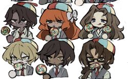  3boys 3girls :q arthropod_limbs blonde_hair bow brown_hair candy closed_mouth collared_shirt crying dark-skinned_female dark_skin food freckles glasses green_eyes gregor_(project_moon) hair_bow heathcliff_(project_moon) holding holding_candy holding_food holding_lollipop ishmael_(project_moon) limbus_company lollipop long_hair multiple_boys multiple_girls muu_037 necktie orange_hair outis_(project_moon) parted_bangs project_moon propeller_hat red_necktie rodion_(project_moon) shirt sidelocks simple_background sinclair_(project_moon) smile tongue tongue_out very_long_hair violet_eyes white_background white_bow white_shirt yellow_eyes 