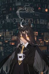  1girl animal_ears black_choker black_gloves black_jacket brown_hair choker closed_mouth coffee_mug commentary cup expressionless eyelashes eyes_visible_through_hair gloves highres holding holding_cup horse_ears jacket long_hair looking_at_viewer manhattan_cafe_(umamusume) mug necktie radio solo soukou_makura steam umamusume upper_body yellow_eyes yellow_necktie 