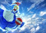  1girl apron blonde_hair blue_dress blue_sky bow bowtie closed_mouth clouds cloudy_sky commentary_request dress elbow_gloves flying frilled_apron frills gloves hakase_(chitama_shinryaku) happy hat hat_bow kana_anaberal no_parking_sign outdoors red_bow red_bowtie short_hair sky smile sun_hat touhou touhou_(pc-98) white_apron white_gloves white_hat yellow_eyes 