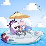  2girls :d absurdres ahoge beach_chair blue-tinted_eyewear blue_archive blue_jacket blue_sky chibi clouds cloudy_sky commentary_request cup demon_girl demon_horns demon_wings drink drinking drinking_glass drinking_straw drinking_straw_in_mouth drooling hair_between_eyes hair_bobbles hair_ornament hairclip halo highres hina_(blue_archive) hina_(swimsuit)_(blue_archive) holding holding_cup hood hooded_jacket horizon horns hoshino_(blue_archive) hoshino_(swimsuit)_(blue_archive) hugging_doll hugging_object inflatable_duck inflatable_raft jacket long_hair long_sleeves low_twintails lying multiple_girls ocean official_alternate_costume official_alternate_hairstyle old_school_swimsuit on_back one_side_up open_clothes open_jacket outdoors parted_bangs pink_hair relaxing school_swimsuit sidelocks simple_background sitting sky sleeping smile stuffed_whale sunglasses swimsuit tinted_eyewear twintails uz_(uzru0428) wings 