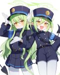  2girls :d black_hat black_jacket black_shorts black_skirt black_tail blue_archive blush buttons demon_tail double-breasted earrings gloves green_hair green_halo halo hat highlander_sidelocks_conductor_(blue_archive) highlander_twintails_conductor_(blue_archive) highres jacket jewelry long_hair long_sleeves looking_at_viewer melreon multiple_girls open_mouth pantyhose peaked_cap pleated_skirt pointy_ears shorts sidelocks simple_background single_earring skirt smile tail twintails white_background white_gloves white_pantyhose yellow_eyes 