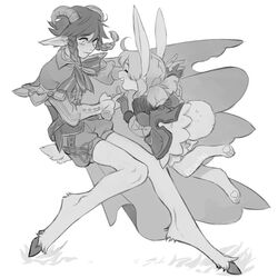  1boy 1girl animal_ears animal_feet braid child cloak commentary full_body genshin_impact goat_boy goat_ears goat_horns greyscale hooves horns klee_(genshin_impact) long_hair monochrome monster_boy monsterification puffy_shorts rabbit_ears rabbit_girl rabbit_tail rouwan satyr shorts simple_background smile symbol-only_commentary tail twin_braids venti_(genshin_impact) white_background 