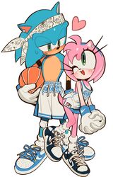  1boy 1girl absurdres amy_rose animal_nose ball bandana basketball basketball_uniform black_footwear blue_footwear blue_fur blue_hairband blush ear_piercing eye_contact flustered gloves graffiti graffiti_print green_eyes hairband half-closed_eyes hedgehog_boy hedgehog_ears hedgehog_girl hedgehog_tail height_difference highres holding holding_ball knee_pads kosherea leg_up long_eyelashes looking_at_another one_eye_closed own_hands_clasped own_hands_together piercing pink_fur shirt shoes short_hair shorts sleeveless sleeveless_shirt sneakers socks sonic_(series) sonic_the_hedgehog sportswear standing standing_on_one_leg tank_top topless_male white_gloves white_socks white_tank_top 