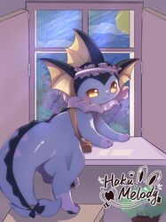  artist_name bag closed_mouth clouds eevee hakumelody headband highres indoors moon plant pokemon pokemon_(creature) ribbon satchel sky vaporeon watermark window windowsill yellow_eyes 