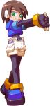  absurdres aile_(mega_man_zx) archived_source black_bodysuit blue_footwear blue_jacket bodysuit bodysuit_under_clothes brown_hair cropped_jacket green_eyes highres jacket looking_at_viewer makoto_yabe mega_man_(series) mega_man_zx official_art outstretched_arms robot_ears shoes short_hair shorts simple_background smile solo white_background white_shorts 